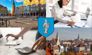 Kielce: widok miasta, herb, kobiety pracujące z kalkulatorem i laptopem.