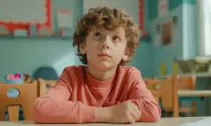 Chłopiec z kręconymi włosami siedzi przy biurku, zamyślony. Może to być obraz ilustrujący afazję rozwojową.