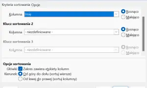 Okno dialogowe sortowanie w Excelu. Ustawianie kryteriów sortowania danych, np. po kolumnie "Imię" rosnąco.