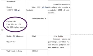 Tabela z kosztami: mieszkanie (czynsz, prąd, naprawy), media, wyżywienie, szkoła. W komentarzu mowa o wysokości alimentów i ratach kredytu.
