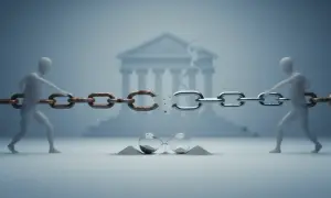 Dwie postacie szarpią za zerwany łańcuch, symbolizując pozew o rozwód z orzeczeniem o winie. Klepsydra na dole pokazuje upływający czas.