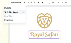 Edytor tekstu z menu wyboru czcionek, gdzie widoczny jest font "Berkshire Swash", idealny do stworzenia eleganckiego znaku wodnego dla "Royal Safari".