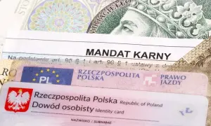 Mandat karny, prawo jazdy i dowód osobisty na tle banknotu. Dokumenty te mogą być podstawą do uprawomocnienia wyroku.