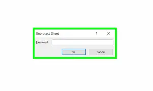 Okno dialogowe "Unprotect Sheet" z polem "Password" do wpisania hasła, aby wyłączyć ochronę arkusza Excel.