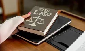 Dłoń z różowym lakierem na paznokciach trzyma książkę "The Law" z wagą sprawiedliwości. Może to symbolizować przygotowanie do wydania wyroku łącznego.