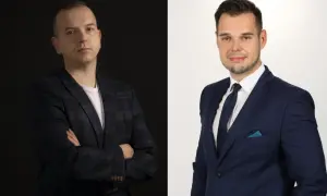 Dwaj mężczyźni w garniturach, jeden na ciemnym tle, drugi na jasnym.