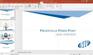 Widok aplikacji do prezentacji PowerPoint z widocznymi slajdami, paskiem narzędzi i menu. Na głównym slajdzie tytuł "PREZENTACJE POWER POINT".