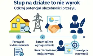 Ilustracja przedstawia proces ustanawiania służebności przesyłu: porządek w dokumentach, sprawiedliwe wynagrodzenie i inwestycję w pewność prawną.