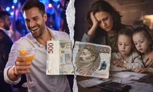 Rozdarta banknot 500 zł symbolizuje rozłąkę i trudności finansowe. Po jednej stronie mężczyzna bawi się, po drugiej matka z dziećmi martwi się, do kiedy płaci się alimenty.