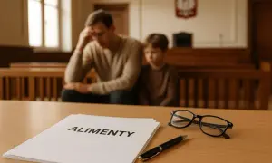 Na stole dokument z napisem "ALIMENTY", obok okulary i długopis. W tle siedzi zamyślony mężczyzna z dzieckiem w sali sądowej.