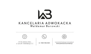 Logo kancelarii adwokackiej z danymi kontaktowymi: adres, telefon, email i strona www.