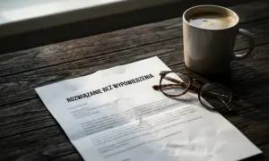 Na drewnianym stole leży dokument "Rozwiązanie bez wypowiedzenia", okulary i filiżanka kawy.