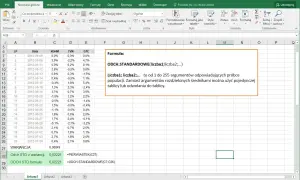 Arkusz Excel z danymi i formułą ODCH.STANDARDOWE, obliczającą odchylenie standardowe dla próby danych.