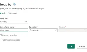 Ustawienia grupowania w Power Query: grupuj po kraju, nazwa nowej kolumny "Customers", operacja "Count rows".