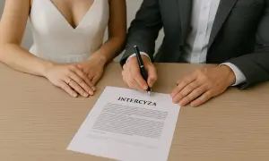 Para młoda podpisuje intercyzę po ślubie. Mężczyzna w garniturze pisze piórem na dokumencie.