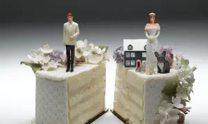Rozdarty tort weselny symbolizuje rozwód kościelny. Panna młoda z domkiem i zwierzątkami na jednej części, pan młody na drugiej.