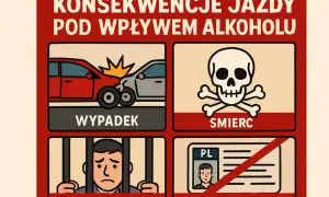 Konsekwencje jazdy pod wpływem alkoholu: wypadek, śmierć, więzienie, utrata prawa jazdy.