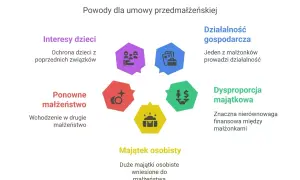 Powody umowy przedmałżeńskiej: interesy dzieci, ponowne małżeństwo, majątek osobisty, dysproporcja majątkowa, działalność gospodarcza. Chroni to przed niekorzystną wspólnotą majątkową.