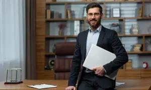 Uśmiechnięty dyrektor szkoły w garniturze, trzymający laptopa, stoi w swoim gabinecie.