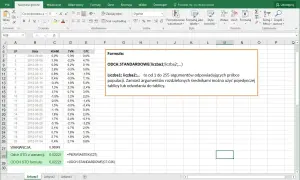 Excel pokazuje formułę ODCH.STANDARDOWE do obliczeń statystycznych.