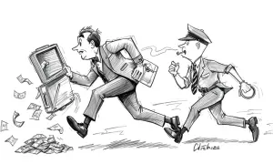 Biznesmen ucieka z walizką pełną pieniędzy, a za nim goni policjant. To symbol zakazu prowadzenia działalności gospodarczej.
