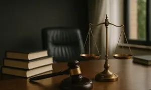 Młotek sędziowski, waga sprawiedliwości i stos książek na drewnianym biurku.