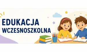 Dzieci uczą się, pisząc w zeszytach. Ilustracja promuje edukację wczesnoszkolną.