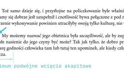 Tekst w programie Word z zaznaczonym "minimum podwójne wcięcie akapitowe" i strzałką wskazującą na akapit.
