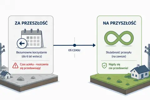 Przeszłość: bezumowne korzystanie z infrastruktury (do 6 lat), roszczenia się przedawniają. Przyszłość: służebność przesyłu na zawsze, nigdy się nie przedawnia.