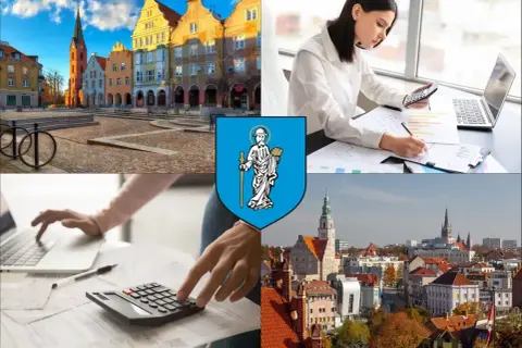 Kielce: widok miasta, herb, kobiety pracujące z kalkulatorem i laptopem.