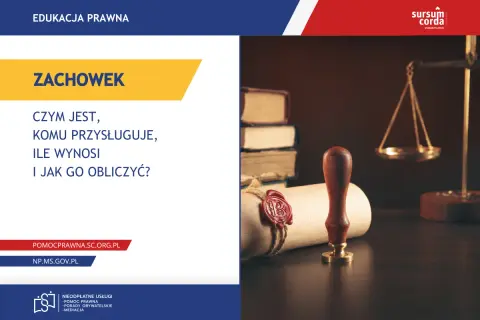 Zachowek: czym jest, komu się należy i jak go obliczyć? Obraz przedstawia symbole prawa: wagę, pieczęć i księgi.