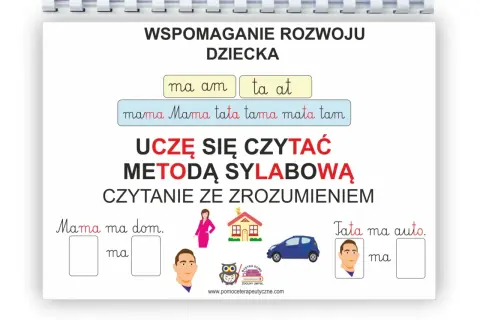 Pomoc w nauce czytania metodą sylabową. Dziecko uczy się czytać ze zrozumieniem, ćwicząc sylaby "ma", "am", "ta", "at".