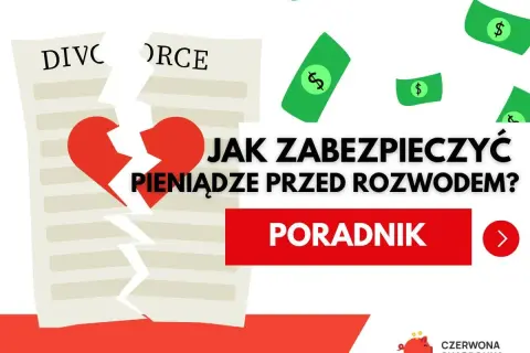 Rozdarty dokument "DIVORCE", złamane serce i spadające banknoty symbolizują podział majątku przed rozwodem. Poradnik "Jak zabezpieczyć pieniądze?".