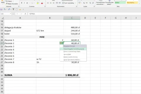 Excel formuły: kopiowanie formuły z komórki powyżej, błąd niespójności formuły w arkuszu kalkulacyjnym.