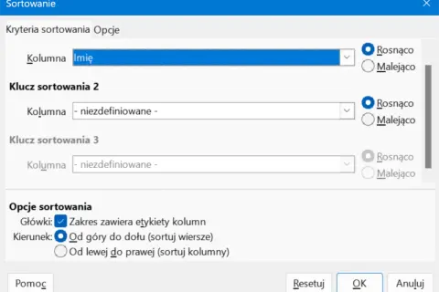Okno dialogowe sortowanie w Excelu. Ustawianie kryteriów sortowania danych, np. po kolumnie "Imię" rosnąco.