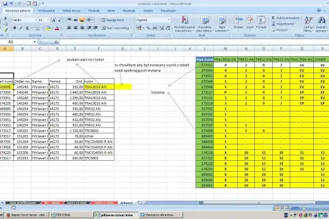 Tabela Excel z danymi, gdzie szukam part no i koloru, a obok wyniki spełniające kryteria. x.wyszukaj.