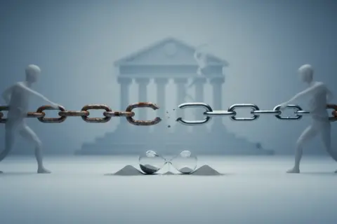 Dwie postacie szarpią za zerwany łańcuch, symbolizując pozew o rozwód z orzeczeniem o winie. Klepsydra na dole pokazuje upływający czas.