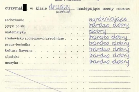 Szkoła ocenia uczniów. W drugiej klasie uczeń otrzymał oceny: zachowanie - wyróżniające, język polski - bardzo dobry, matematyka - dobry, reszta przedmiotów - bardzo dobry.