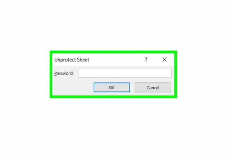 Okno dialogowe "Unprotect Sheet" z polem "Password" do wpisania hasła, aby wyłączyć ochronę arkusza Excel.