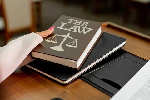 Dłoń z różowym lakierem na paznokciach trzyma książkę "The Law" z wagą sprawiedliwości. Może to symbolizować przygotowanie do wydania wyroku łącznego.