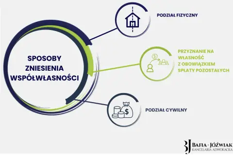 Grafika przedstawia sposoby zniesienia współwłasności nieruchomości: podział fizyczny, przyznanie na własność z obowiązkiem spłaty oraz podział cywilny.