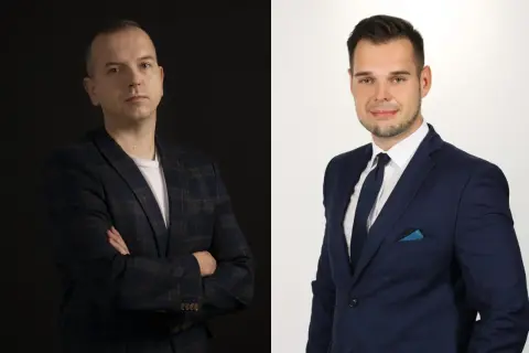 Dwaj mężczyźni w garniturach, jeden na ciemnym tle, drugi na jasnym.