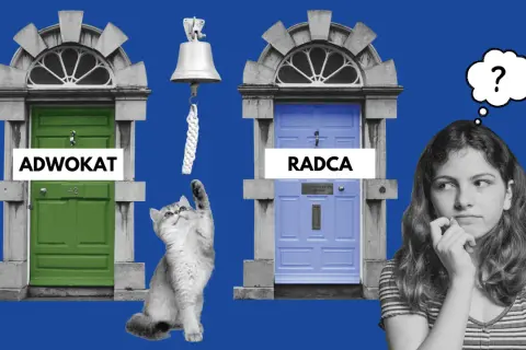 Kot sięga do dzwonka przy zielonych drzwiach "Adwokat", obok niebieskich drzwi "Radca" i zamyślonej dziewczyny.