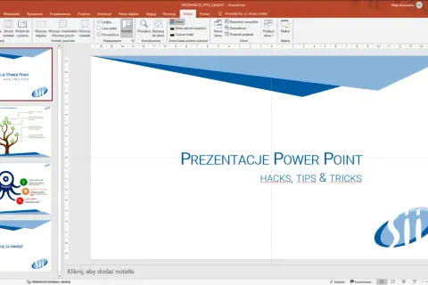 Widok aplikacji do prezentacji PowerPoint z widocznymi slajdami, paskiem narzędzi i menu. Na głównym slajdzie tytuł "PREZENTACJE POWER POINT".