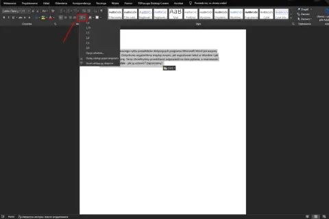 Ustawienie interlinii w Wordzie. Wybierz opcję interlinia z menu, by dostosować odstępy między wierszami tekstu.