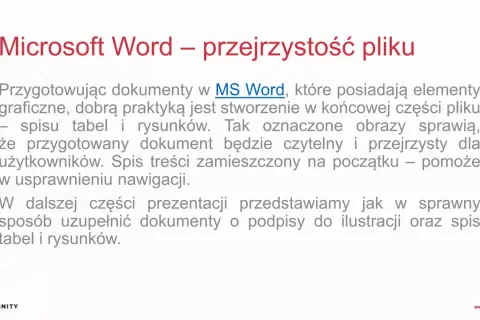 Tworzenie przejrzystych dokumentów w MS Word. Dobrą praktyką jest spis tabel i rysunków, co ułatwia nawigację.