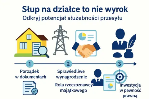 Ilustracja przedstawia proces ustanawiania służebności przesyłu: porządek w dokumentach, sprawiedliwe wynagrodzenie i inwestycję w pewność prawną.