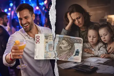 Rozdarta banknot 500 zł symbolizuje rozłąkę i trudności finansowe. Po jednej stronie mężczyzna bawi się, po drugiej matka z dziećmi martwi się, do kiedy płaci się alimenty.