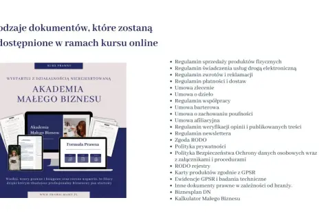 Lista dokumentów prawnych dla Akademii Małego Biznesu: regulaminy, umowy, polityki, RODO.