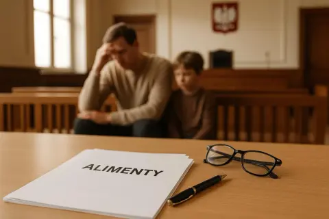 Na stole dokument z napisem "ALIMENTY", obok okulary i długopis. W tle siedzi zamyślony mężczyzna z dzieckiem w sali sądowej.